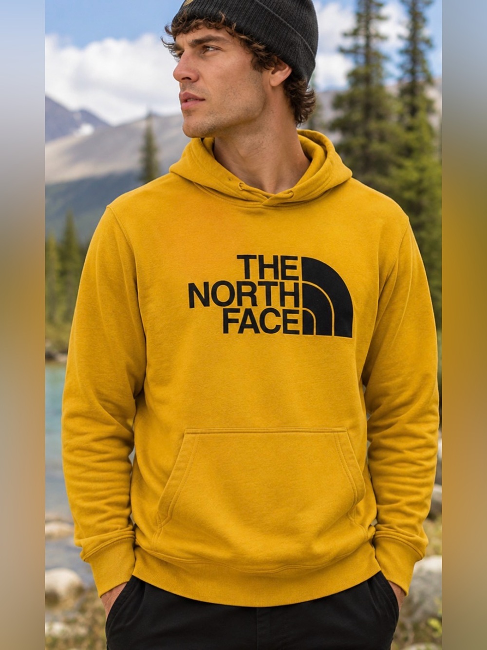 The North Face Men’s Logo Hoodie Mustard Yellow Pullover Sweatshirt Size Medium